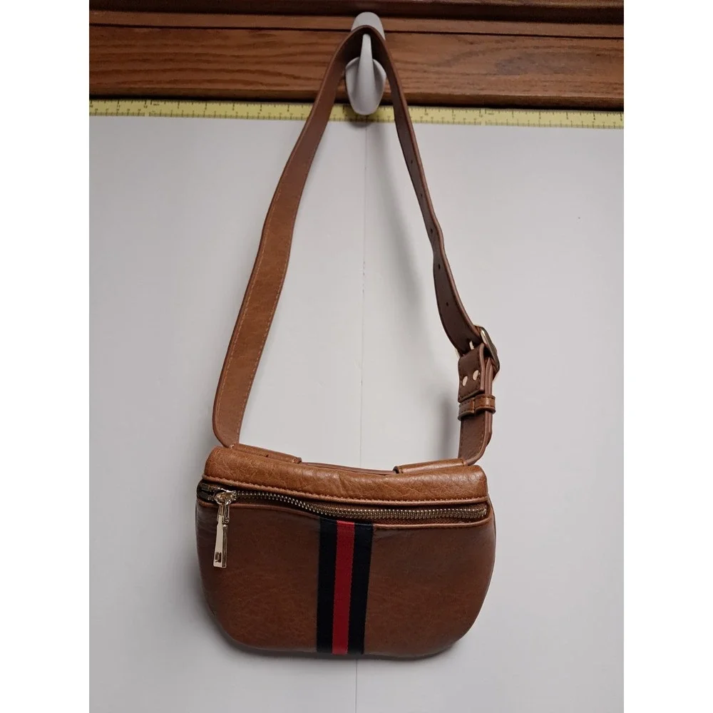Moda Luxe Juno Belt Bag‎ In Brown Vegan Leather With A Red And Navy Blue Stripe